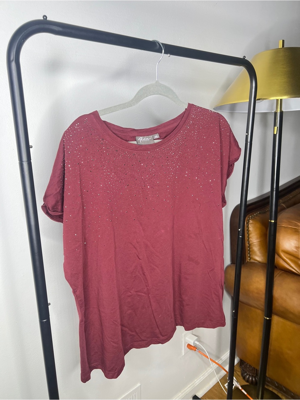 Gloria Vanderbilt Burgundy Short Sleeve Tee with Rhinestone Detail